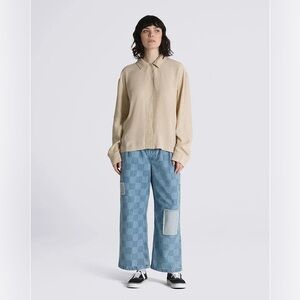 Vans Morgan long sleeve button-front relaxed shirt oatmeal checkerboard XS
